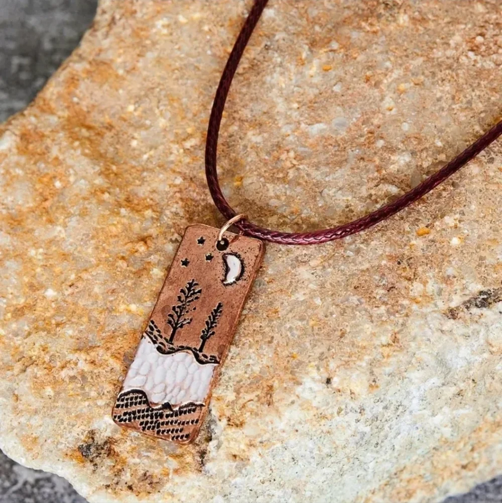 Bohemian Copper- Colored Square Pendant Necklace With Moon On Cord